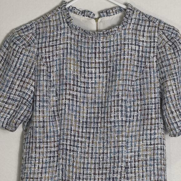 Nanette Lepore Size 6 Tweed Dress Blue Multicolor Metallic Short Sleeve Zip Back - Picture 4 of 9